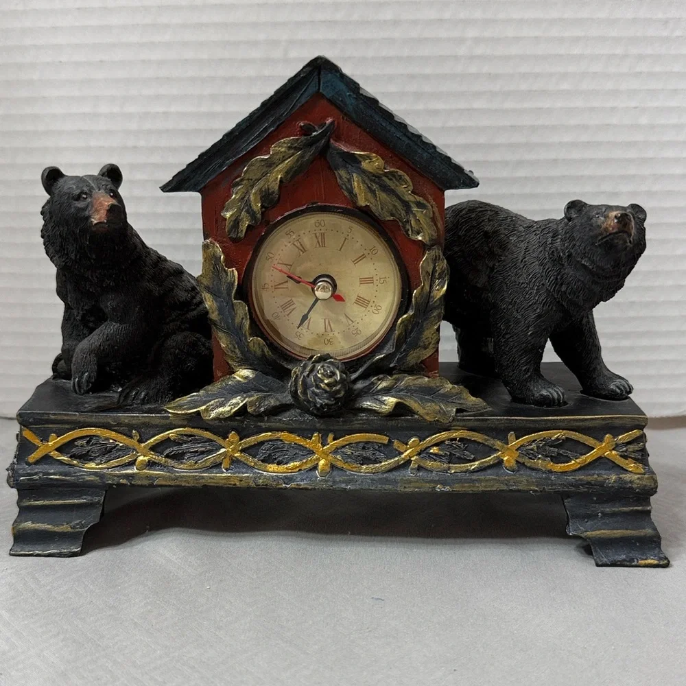 Vintage Rustic Woodlands Black Bear Mantel Clock Resin Leaf Pine Cone Accent